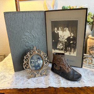 Antique Victorian Bundle Copper Baby Shoe, Cabinet Card, Tin pic in Ornate frame